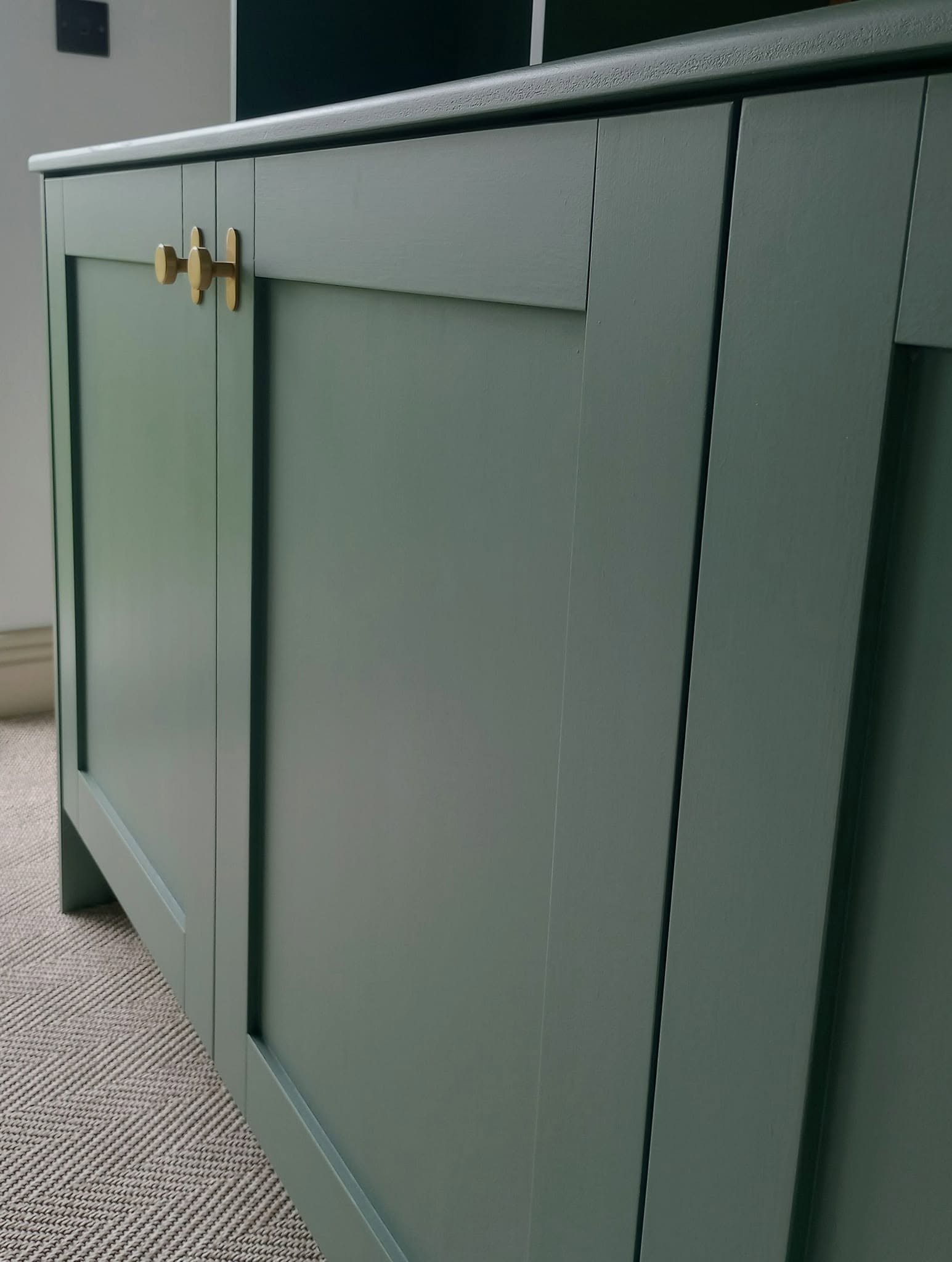 Close-up of the sage green cupboard doors with brass handles