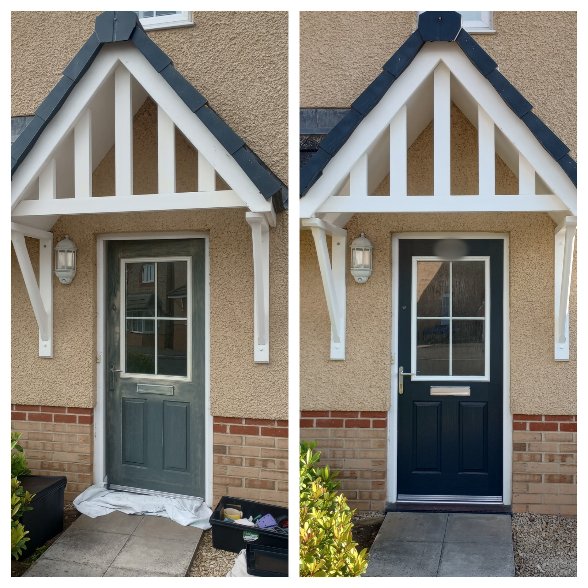 Front door before and after: grey-green to navy, under a white porch