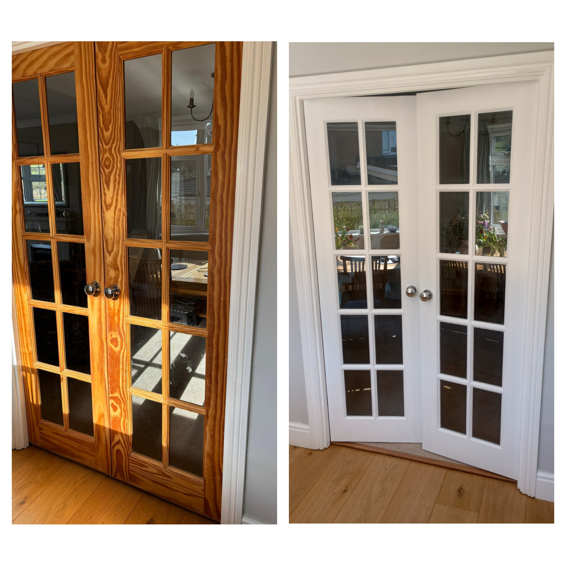 Glazed double doors before and after: varnished pine painted white