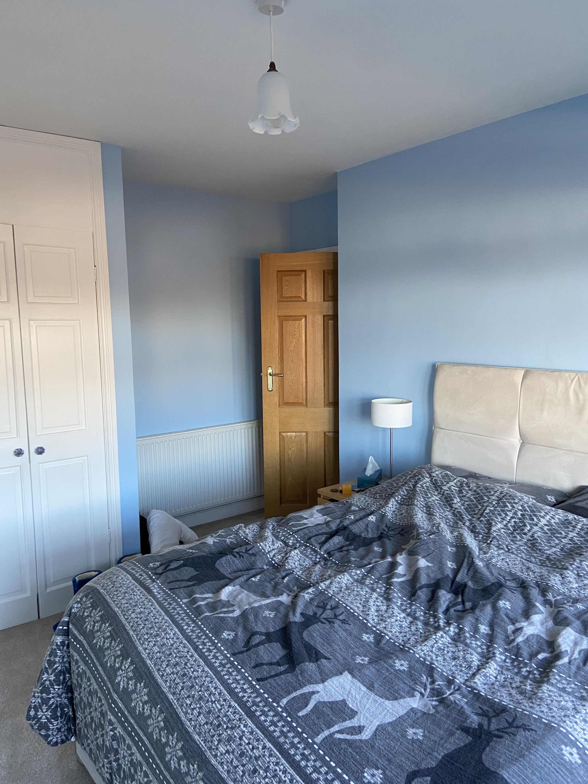 Light blue bedroom with white fitted wardrobe and pine door